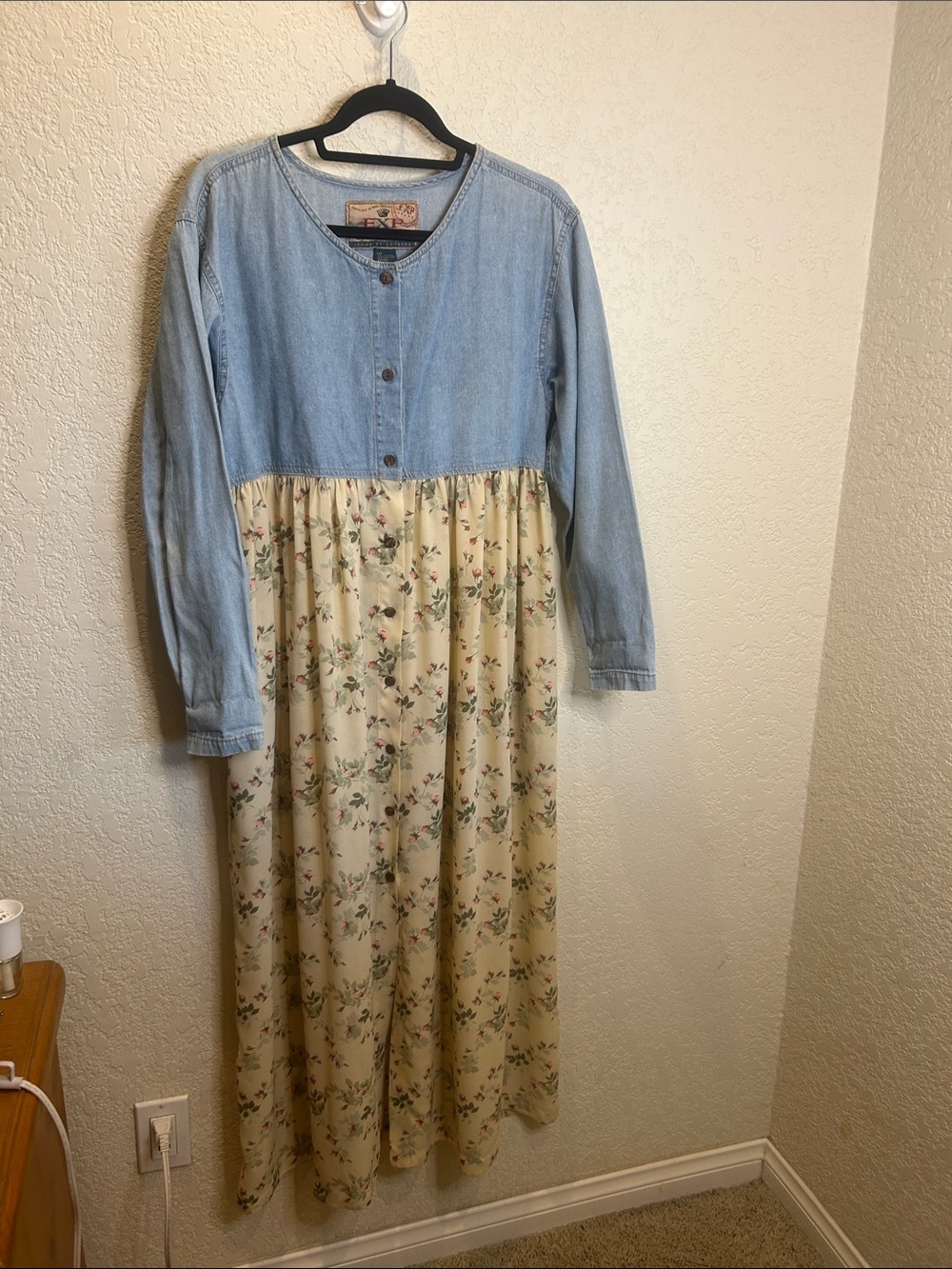 Express EXP Denim Top Floral Maxi Dress - Light Blue and Cream